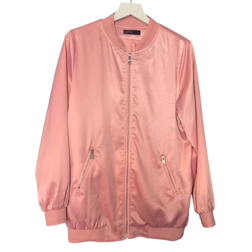 Elia Cher Pink Faux Satin Bomber Jacket with Pockets